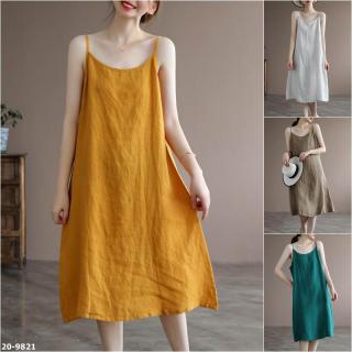 M20-9821 夏季純色棉麻吊帶連衣裙